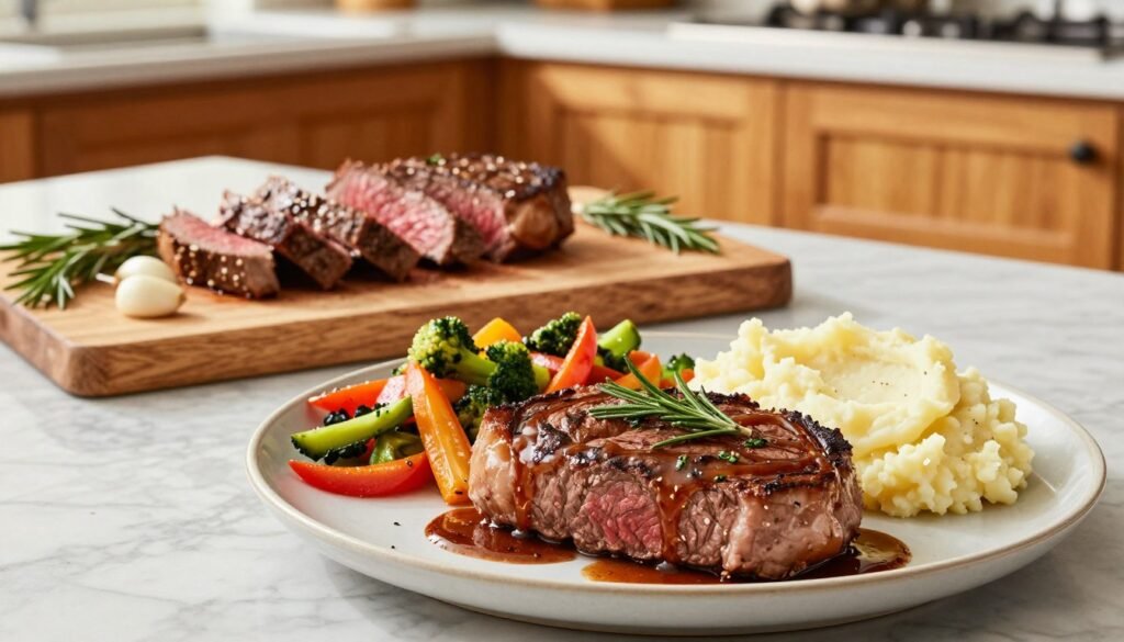A vibrant and inviting kitchen scene showcasing a variety of quick top round steak recipes. In the foreground, a beautifully plated medium-rare top round steak garnished with fresh herbs and a drizzle of savory sauce. Next to it, a colorful medley of sautéed vegetables and a side of creamy mashed potatoes. In the middle ground, a marble countertop with a cutting board displaying sliced steak, fresh garlic cloves, and sprigs of rosemary. The background features warm wooden cabinets and soft lighting from a window, creating a cozy atmosphere. The overall mood is warm and inviting, suggesting an easy weeknight meal. Use a bright and natural color palette, with a focus on details, ensuring a high-resolution image captured from a slightly elevated angle to emphasize the dishes.