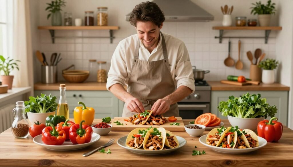 A vibrant and inviting kitchen setting showcasing a variety of creative ground chicken meals. In the foreground, a beautifully arranged wooden table displays colorful dishes, including stuffed bell peppers, ground chicken tacos with fresh toppings, and a zesty chicken stir-fry. Fresh herbs, sliced vegetables, and bowls of spices are artistically scattered around, enhancing the visual appeal. In the middle, a chef in modest casual clothing, smiling and engaged in preparation, embodies a sense of creativity and excitement in cooking. The background features a well-lit kitchen with warm, soft lighting, and shelves filled with cooking utensils and ingredients, creating a cozy and inspiring atmosphere. The overall mood is cheerful and motivating, encouraging exploration of ground chicken recipes.