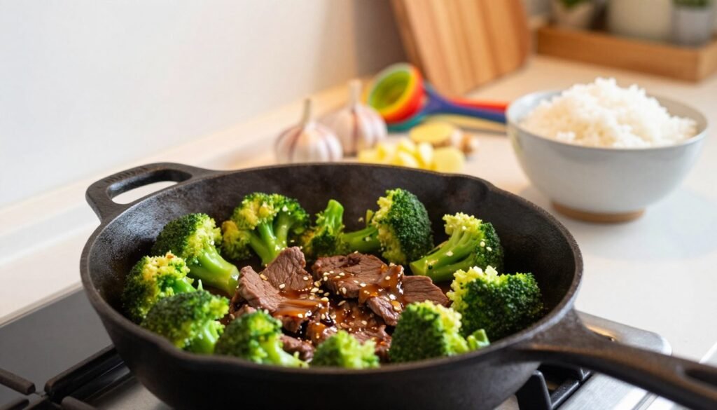 A vibrant, delicious broccoli beef skillet being cooked on a bright stovetop. In the foreground, a close-up of colorful fresh broccoli florets and tender slices of marinated beef sizzling in a cast-iron skillet, glistening with soy sauce and garlic. The middle ground features a well-organized countertop with chopped garlic, ginger, and a bowl of white rice, creating a sense of preparation. In the background, warm kitchen lighting casts a cozy glow, with wooden utensils and a colorful vegetable peeler adding charm. The scene conveys a lively, inviting atmosphere, suggesting a quick, easy cooking process for a tasty dinner. Capture this scene from a slightly elevated angle, focusing on the action of cooking to evoke a sense of warmth and home-cooked comfort.