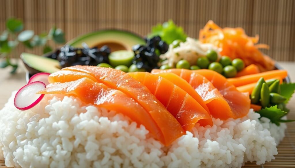 A vibrant display of essential poke bowl ingredients, showcasing a variety of colorful components. In the foreground, a mound of fluffy white sushi rice is accented by beautifully sliced fresh salmon, glistening with a hint of sesame oil. Surrounding the salmon are thinly sliced cucumber, radishes, and bright orange carrots, adding texture and vibrancy. In the middle ground, an assortment of toppings including avocado slices, edamame, and seaweed salad is artistically arranged. The background features a soft-focus bamboo mat and a subtle hint of natural greenery, creating an inviting atmosphere. The lighting is bright and natural, imitating soft daylight. The overall mood is fresh and healthy, perfect for showcasing a simple salmon poke recipe.
