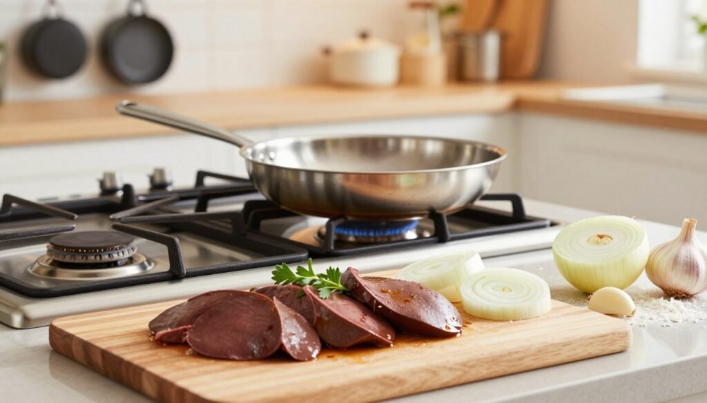A vibrant kitchen scene depicting the preparation steps for beef liver and onions. In the foreground, a wooden cutting board holds slices of fresh beef liver, garnished with fresh herbs. Beside it, neatly arranged ingredients include sliced onions, garlic cloves, and a sprinkle of flour. In the middle, a stainless steel frying pan sits on a modern gas stove, ready to be heated, with a light sheen of oil reflecting the bright kitchen lights. The background features light, airy kitchen cabinets and pots hanging on a rack, illuminated by soft, warm lighting that creates an inviting atmosphere. Capture a sense of anticipation and culinary creativity, showcasing a clean, organized workspace that invites the viewer to engage in cooking.