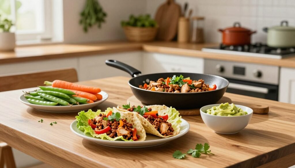 A vibrant kitchen scene featuring a variety of last-minute ground chicken dishes on a modern wooden dining table. In the foreground, a delicious plate of spicy ground chicken lettuce wraps garnished with colorful bell peppers and fresh cilantro, next to a bowl of creamy avocado sauce. The middle ground showcases a sizzling skillet with ground chicken stir-fry, surrounded by bright, fresh vegetables like snap peas and carrots. In the background, a cozy kitchen with warm lighting, hanging herbs, and rustic cookware conveys a welcoming atmosphere. Soft, natural light filters through a window, casting gentle shadows. The scene is meticulously arranged to inspire healthy, simple meal preparation, evoking a sense of warmth and culinary creativity.