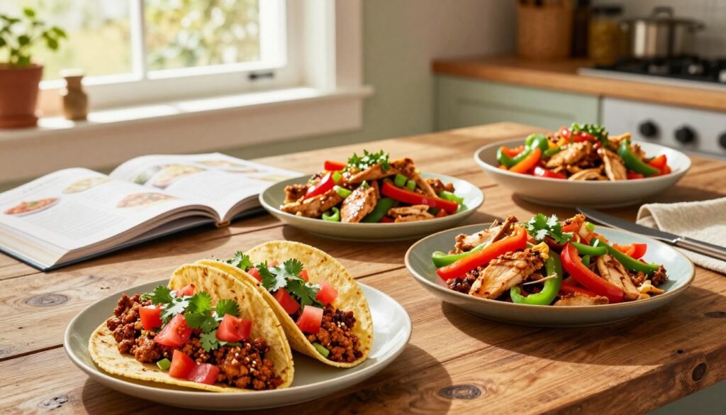 A vibrant kitchen scene showcasing a variety of fast ground chicken dinner ideas, beautifully plated and ready to serve. In the foreground, a colorful dish of spicy ground chicken tacos topped with fresh cilantro and diced tomatoes lies next to a bowl of zesty chicken stir-fry with bell peppers and green onions. The middle ground features a rustic wooden table with an open recipe book displaying quick meal prep tips. In the background, a sunlit window casts warm, inviting light across the space, enhancing the freshness of the ingredients. The atmosphere is lively and inviting, conveying the ease and joy of preparing a delicious meal in under 30 minutes. The camera angle is slightly overhead, emphasizing the vibrant colors and textures of the dishes.
