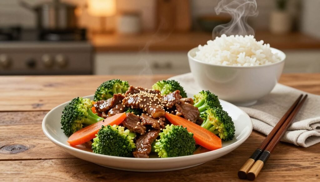 A vibrant overhead shot of a beautifully arranged dish featuring broccoli and beef stir-fry on a rustic wooden table. In the foreground, the stir-fried beef is glistening, perfectly cooked with tender broccoli florets, sliced carrots, and a sprinkle of sesame seeds. The middle ground showcases a small bowl of white rice, fluffy and steaming, alongside a pair of elegant chopsticks resting on a linen napkin. The background fades softly, revealing a blurred kitchen setting with warm, ambient lighting casting a cozy glow, creating an inviting atmosphere. The scene conveys a healthy and appetizing meal perfect for dinner, with colors that pop, emphasizing freshness and nutrition.