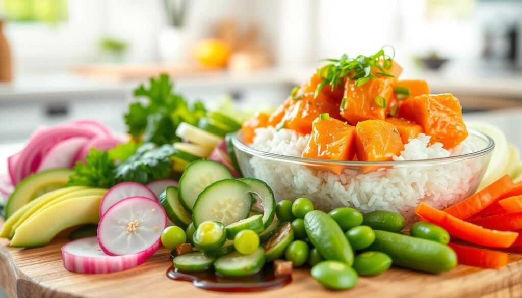 A vibrant spread of poke bowl toppings artfully arranged on a wooden serving board. In the foreground, colorful ingredients include sliced avocado, radish, cucumber, and edamame, each glistening with freshness. A sprinkle of sesame seeds and a drizzle of soy sauce are visible, adding texture and flavor. The middle layer features a bowl of fluffy sushi rice, topped with marinated salmon cubes, garnished with green onions and nori strips. In the background, softly blurred, there's a light and airy kitchen setting with natural sunlight illuminating the scene, creating a warm, inviting atmosphere. The image should capture the essence of health, freshness, and culinary artistry. Use a shallow depth of field to focus on the toppings, enhancing their colors and details against the soft background.