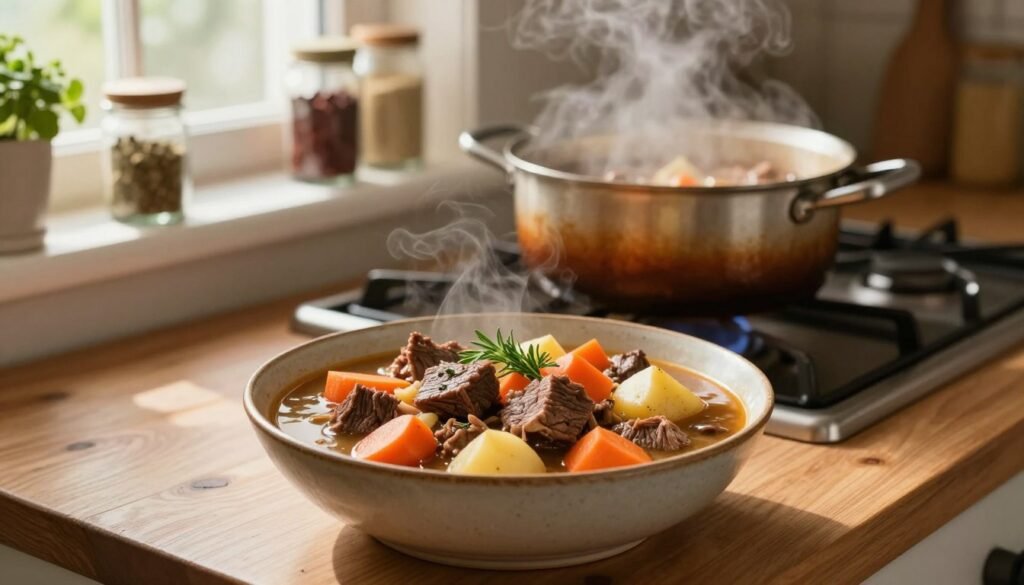 A warm and inviting kitchen scene featuring a pot of homemade beef stew simmering on the stove. In the foreground, a wooden table displays a rustic bowl filled with hearty beef stew, showcasing tender chunks of beef, vibrant carrots, potatoes, and aromatic herbs garnishing the top. The middle ground highlights a stovetop with a bubbling pot, steam rising to create a cozy atmosphere. In the background, sunlight filters through a window, illuminating jars of spices and fresh vegetables, enhancing the nourishing qualities of the dish. The scene evokes feelings of comfort and well-being, with soft, natural lighting creating a serene ambiance. The angle should be slightly elevated to capture the delicious details of the stew while inviting viewers into the homey kitchen setting.