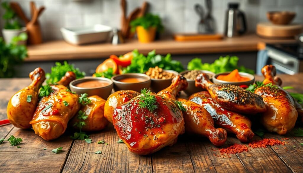 An artistic arrangement of chicken legs and thighs marinated in various global flavors, such as tangy Asian ginger, spicy Latin chili, aromatic Mediterranean herbs, and rich Indian spices. In the foreground, display a rustic wooden table with glazed, succulent pieces of chicken, garnished with vibrant herbs and colorful vegetables. In the middle ground, include bowls of sauces and spices representing each flavor, arranged in an aesthetically pleasing manner. The background should feature a softly blurred kitchen setting with warm, natural lighting, creating a cozy, inviting atmosphere. Shot from a slight overhead angle using a shallow depth of field to draw focus on the chicken and flavors, evoking a mouthwatering, culinary adventure.